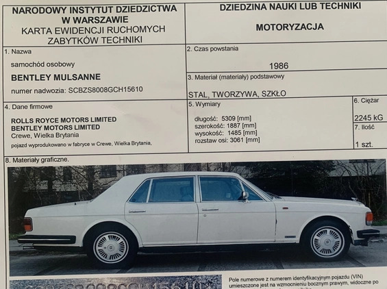Bentley Mulsanne cena 35000 przebieg: 68756, rok produkcji 1986 z Warszawa małe 16